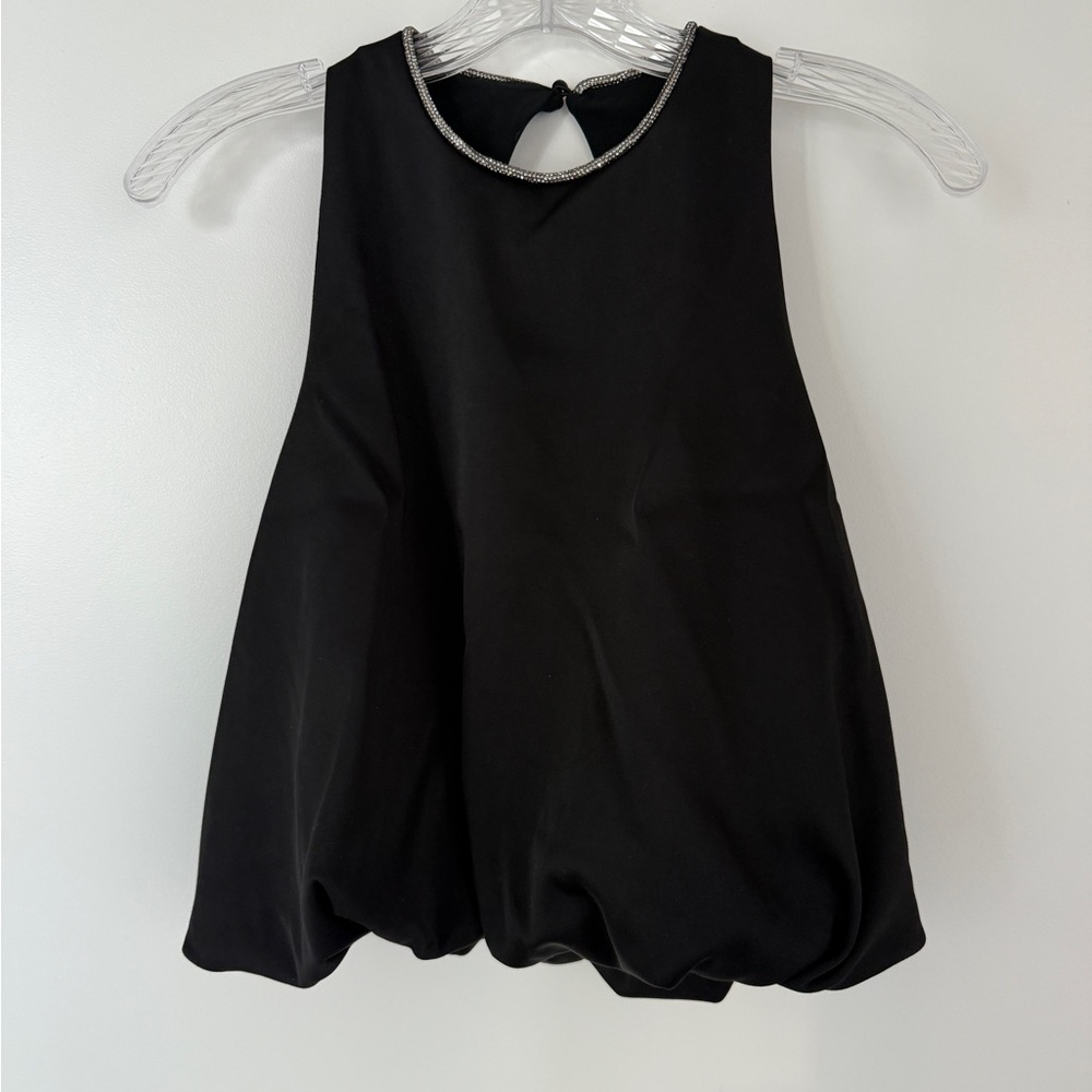 Zara Black Sleeveless Blouse with Rhinestone Beaded Neckline